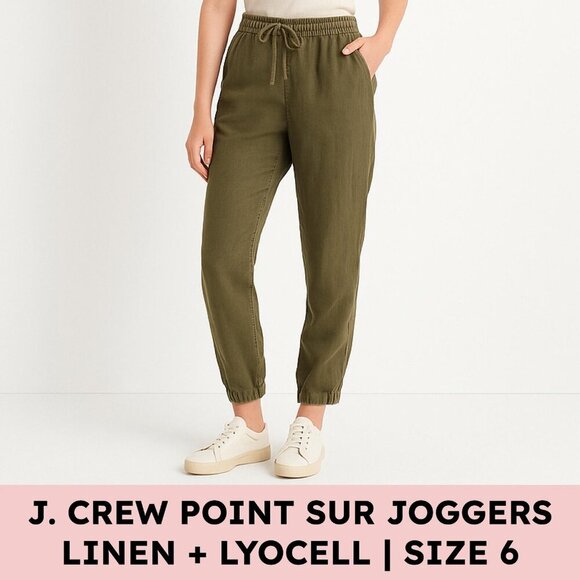 🌿 J.Crew Point Sur Linen-Lyocell Jogger Pants (6) Olive Green, Elastic Waist - Picture 1 of 14
